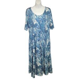 Peruvian‎ Connection Pima Cotton Dress L Blue Floral Botanical Fit & Flare Midi